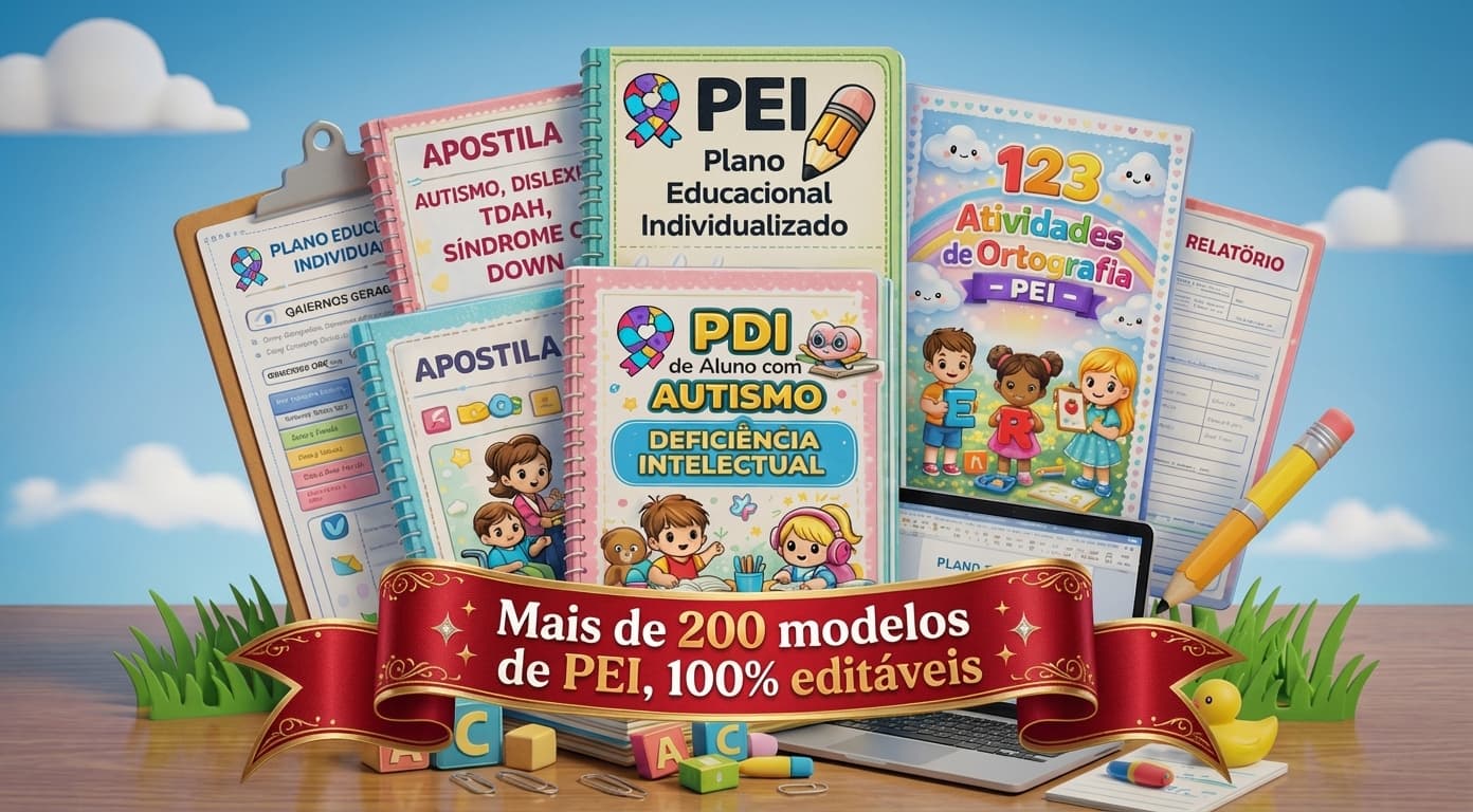 Uma imagem colorida e alegre mostrando os modelos de PEI de forma divertida.
